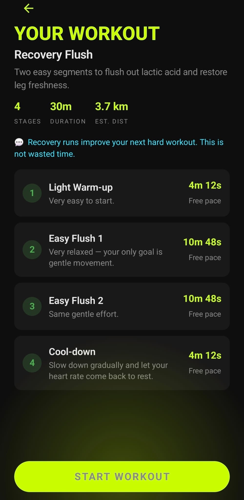 Kimbia workout plan built by the coach, showing four stages